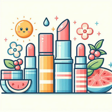 Vector illustration of set of decorative cosmetics. Lipstick and watermelon.のイラスト素材
