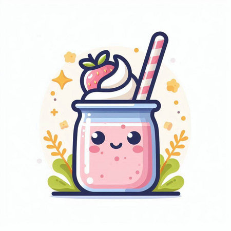 Smiling milkshake in a glass with straw. Vector illustration.のイラスト素材