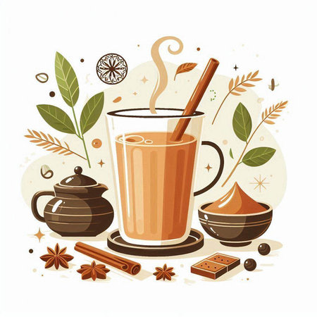 Vector illustration of a glass of hot tea with cinnamon, anise, chocolate and coffee beansのイラスト素材