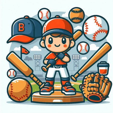 Baseball player boy with ball, bat and glove. Vector illustration.のイラスト素材