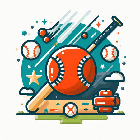 Vector illustration of baseball bat, ball and glove on colorful background. Line art design for web, site, advertising, banner, poster, board and print.のイラスト素材