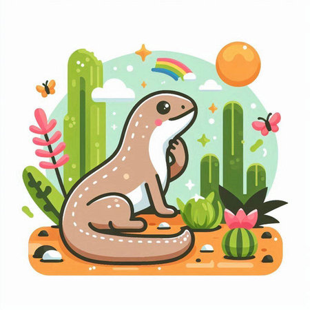 Cute animal in desert with cacti and flowers. Vector illustrationのイラスト素材