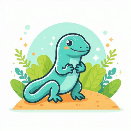 Cute little lizard sitting on the sand. Vector cartoon illustration.のイラスト素材