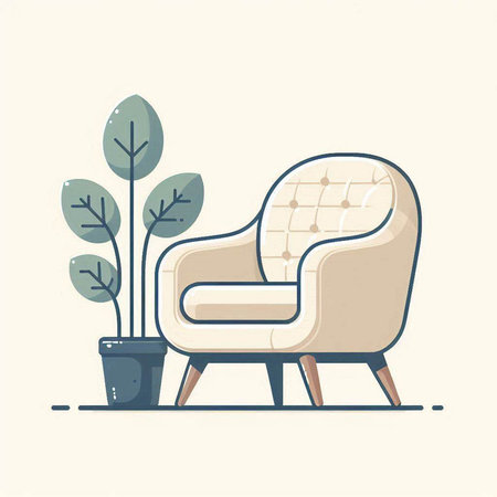 Armchair and plant in pot. Vector illustration in flat style.のイラスト素材