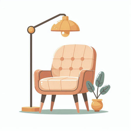 Comfortable armchair with lamp and plant. Vector illustration in cartoon styleのイラスト素材