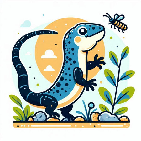 Vector illustration of a lizard with a bee in the background. Cartoon style.のイラスト素材