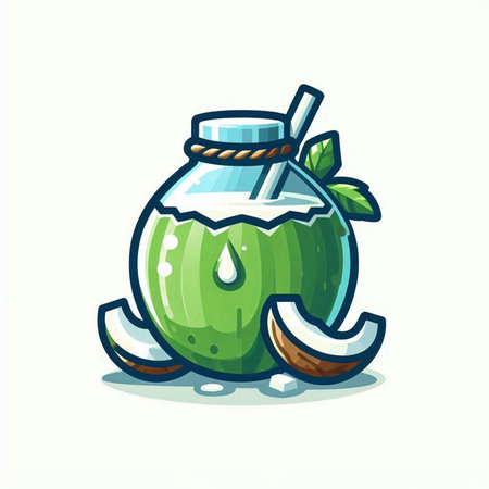 Coconut juice in a glass jar with a straw. Vector illustration.のイラスト素材