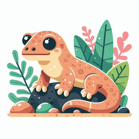 Cute cartoon chameleon on the rock. Vector illustration.のイラスト素材