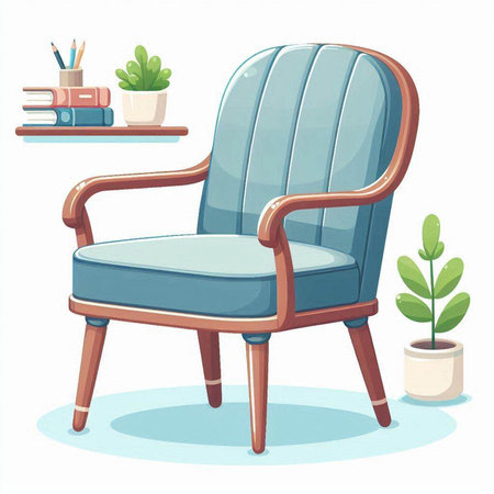 Armchair with books and plants. Vector illustration in cartoon style.のイラスト素材