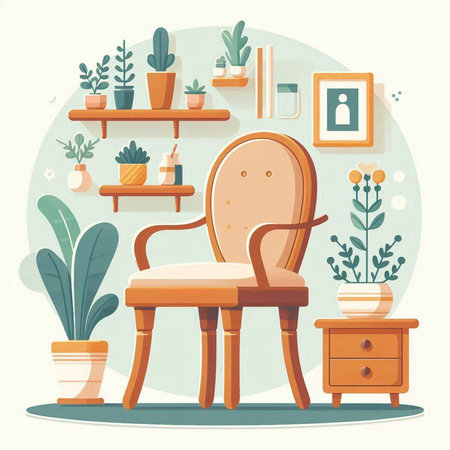 Interior design with chair and shelves with plants. Vector illustration.のイラスト素材