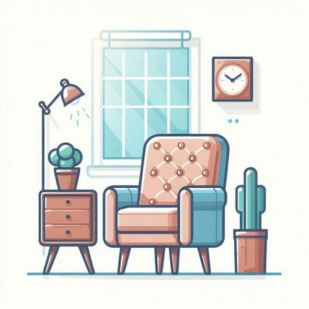 Living room interior with armchair, table, clock and cactus. Vector illustration.のイラスト素材