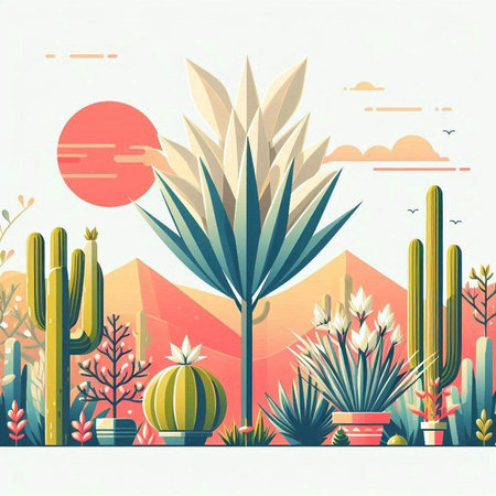 Cactus and succulents in desert landscape. Vector illustration.のイラスト素材