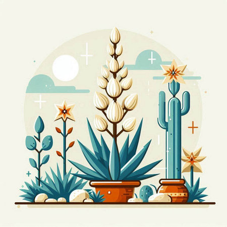 Cactus and succulents in the desert. Vector illustration.のイラスト素材