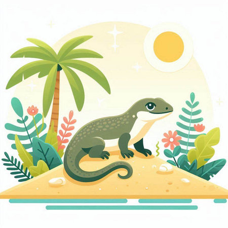 Lizard on the sand and palm trees. Vector illustration in cartoon style.のイラスト素材