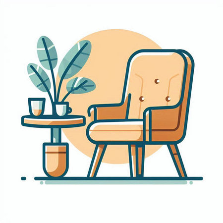 Modern armchair with coffee table and plant in vase flat vector illustration.のイラスト素材