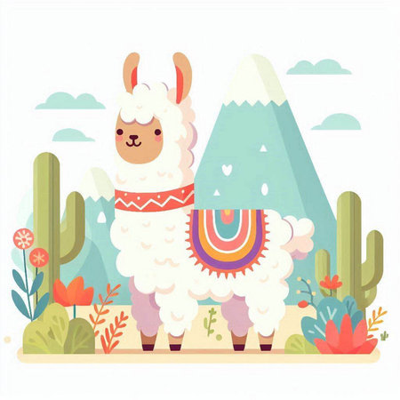Cute alpaca in the desert. Vector illustration in flat styleのイラスト素材