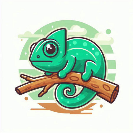 Cute cartoon chameleon on a branch. Vector illustration.のイラスト素材
