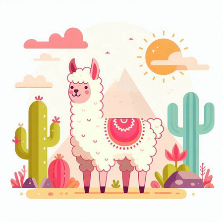 Cute llama and cacti in desert. Vector illustrationのイラスト素材