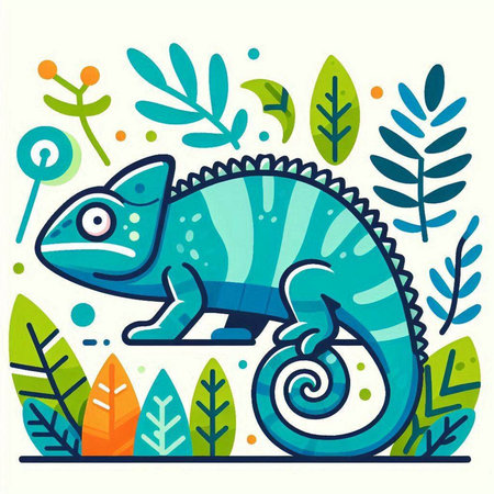 Cute chameleon in the jungle. Cartoon vector illustration.のイラスト素材