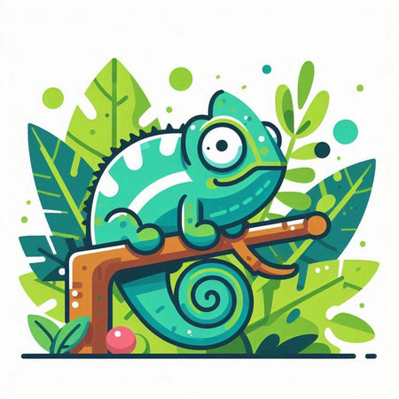 Cute cartoon chameleon on branch. Colorful vector illustration.のイラスト素材