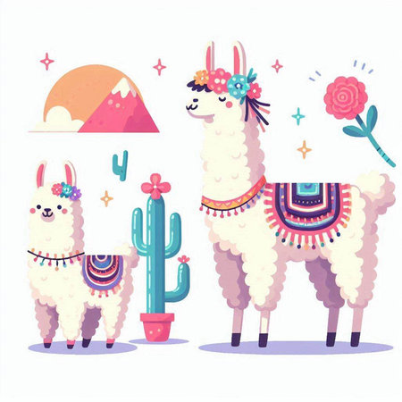 Llama and alpaca with cacti. Vector illustration.のイラスト素材