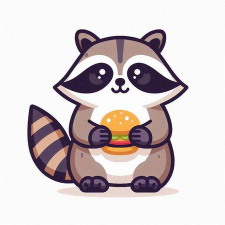 Cute raccoon with hamburger. Vector illustration in cartoon style.のイラスト素材