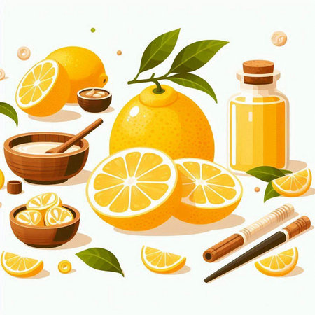 Vector illustration of lemon, honey, cinnamon, olive oil and leaves.のイラスト素材
