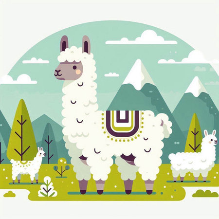 Llama in the mountains. Vector illustration. Flat style.のイラスト素材