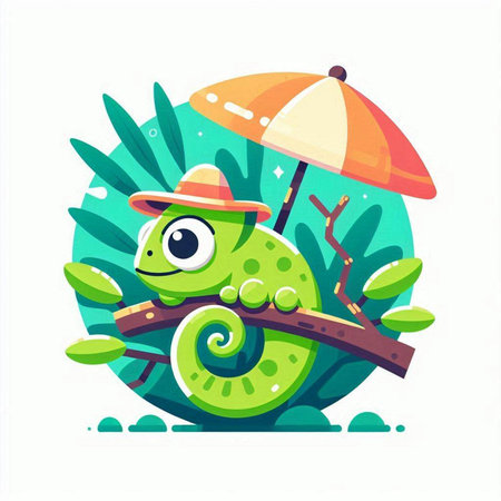 Cute chameleon on a tree branch with an umbrella. Vector illustration.のイラスト素材