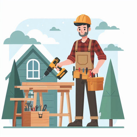 Carpenter at work. Vector illustration in flat cartoon style.のイラスト素材