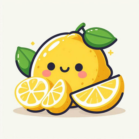 Cute lemon fruit character. Vector flat cartoon kawaii illustrationのイラスト素材