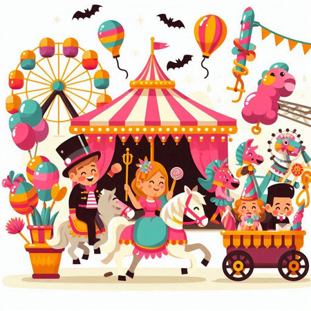 Circus carnival vector illustration with clowns and carouselsのイラスト素材