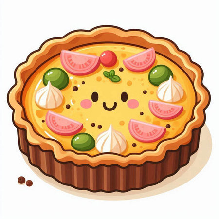 Illustration of a kawaii pie with tomato, onion and cheeseのイラスト素材