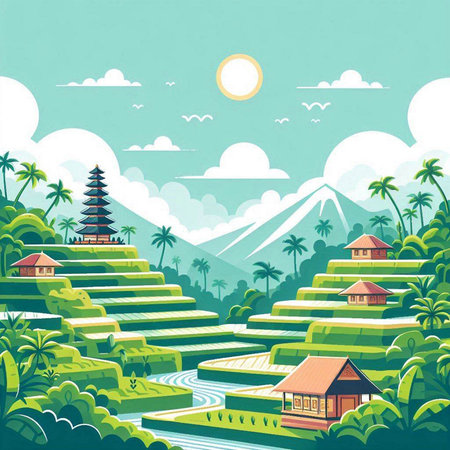 Rice terraces in Bali, Indonesia. Vector illustration.のイラスト素材