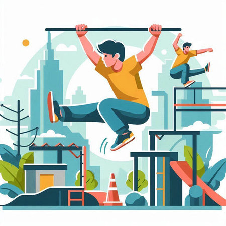 Vector flat style illustration of man doing pull-ups on parallel bars in the city.のイラスト素材