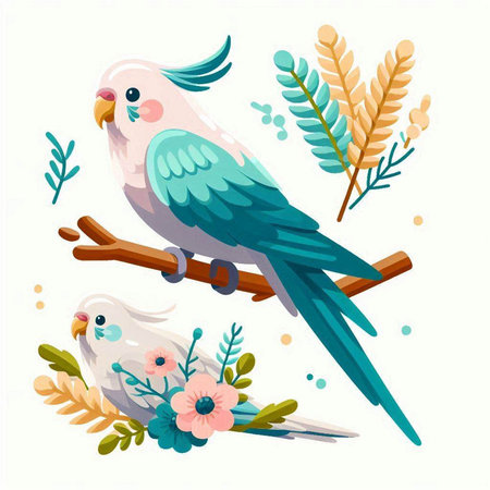 Set of cute parrots with flowers and leaves. Vector illustration.のイラスト素材