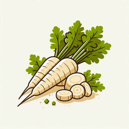 Illustration of fresh carrots with green leaves on a white background.のイラスト素材