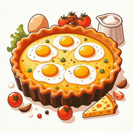 Illustration of a pie with eggs and tomatoes on a white backgroundのイラスト素材