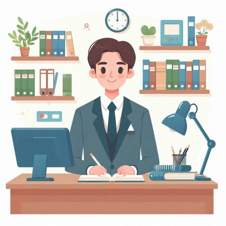 Businessman working at office desk. Vector illustration in cartoon style.のイラスト素材
