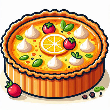 Illustration of a Pie with Fruits and Cream on a White Backgroundのイラスト素材