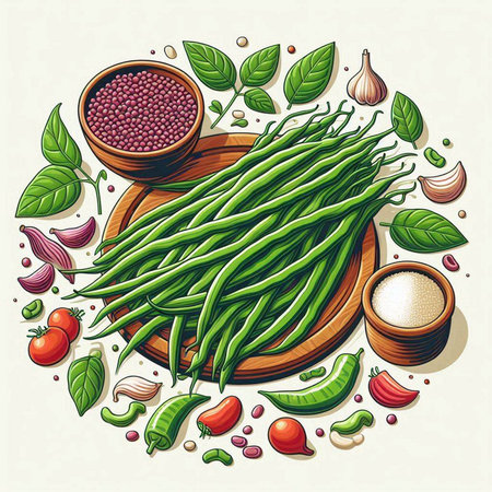 Vector illustration of green beans, vegetables and spices on white background.のイラスト素材