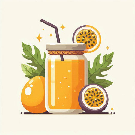 Jar of fresh passion fruit smoothie with straw and leaves. Vector illustration.のイラスト素材