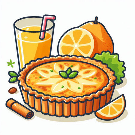 Vector illustration of a pie and a glass of orange juice on a white backgroundのイラスト素材