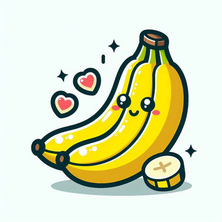 Funny cartoon banana character with hearts on white background. Vector illustration.のイラスト素材