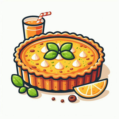 Illustration of a pie with cream and orange juice on a white backgroundのイラスト素材