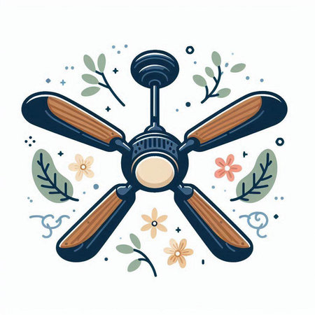 Ceiling fan with floral elements. Vector illustration in cartoon style.のイラスト素材