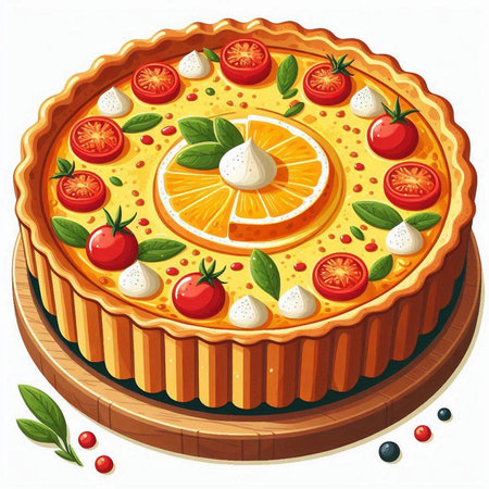 Illustration of a pie with cherry tomatoes, mozzarella and basilのイラスト素材