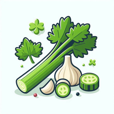 Celery, garlic, parsley, pepper and clover. Vector illustration.のイラスト素材