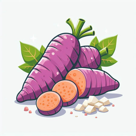 Purple sweet carrots with leaves and sugar cubes. Vector illustration.のイラスト素材