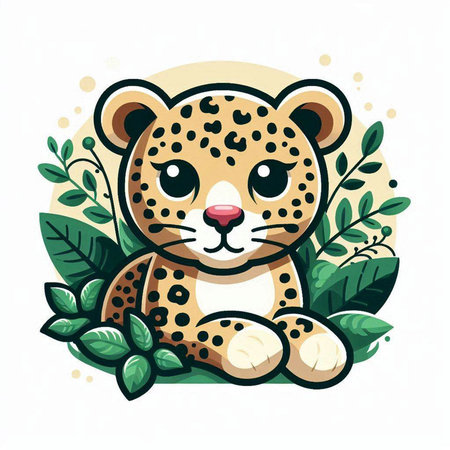 Cute leopard with green leaves. Vector illustration in cartoon style.のイラスト素材